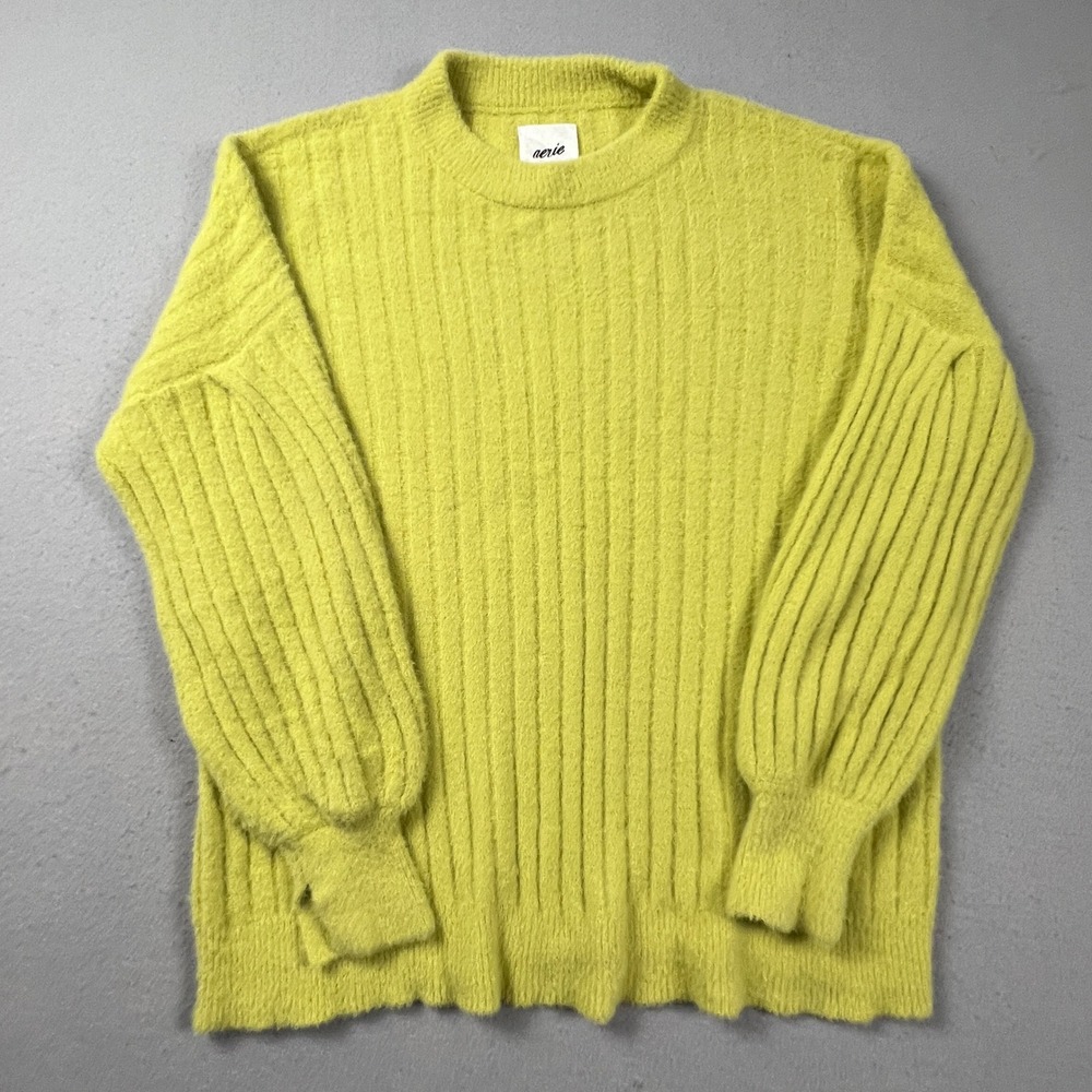Aerie Ribbed Crewneck Sweater Womens Small Chartreuse Lime Green Fuzzy Oversized
